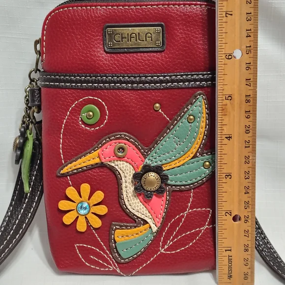 Chala Red Leather Crossbody Bag with Hummingbird Applique - Picture 8 of 9